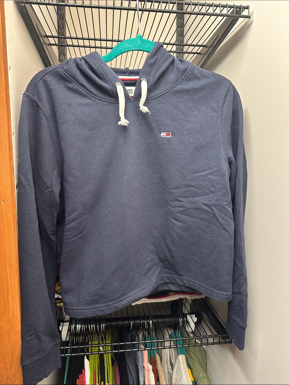Tommy Hilfiger Slightly Cropped Navy Crewneck Hoodie with White Drawstrings